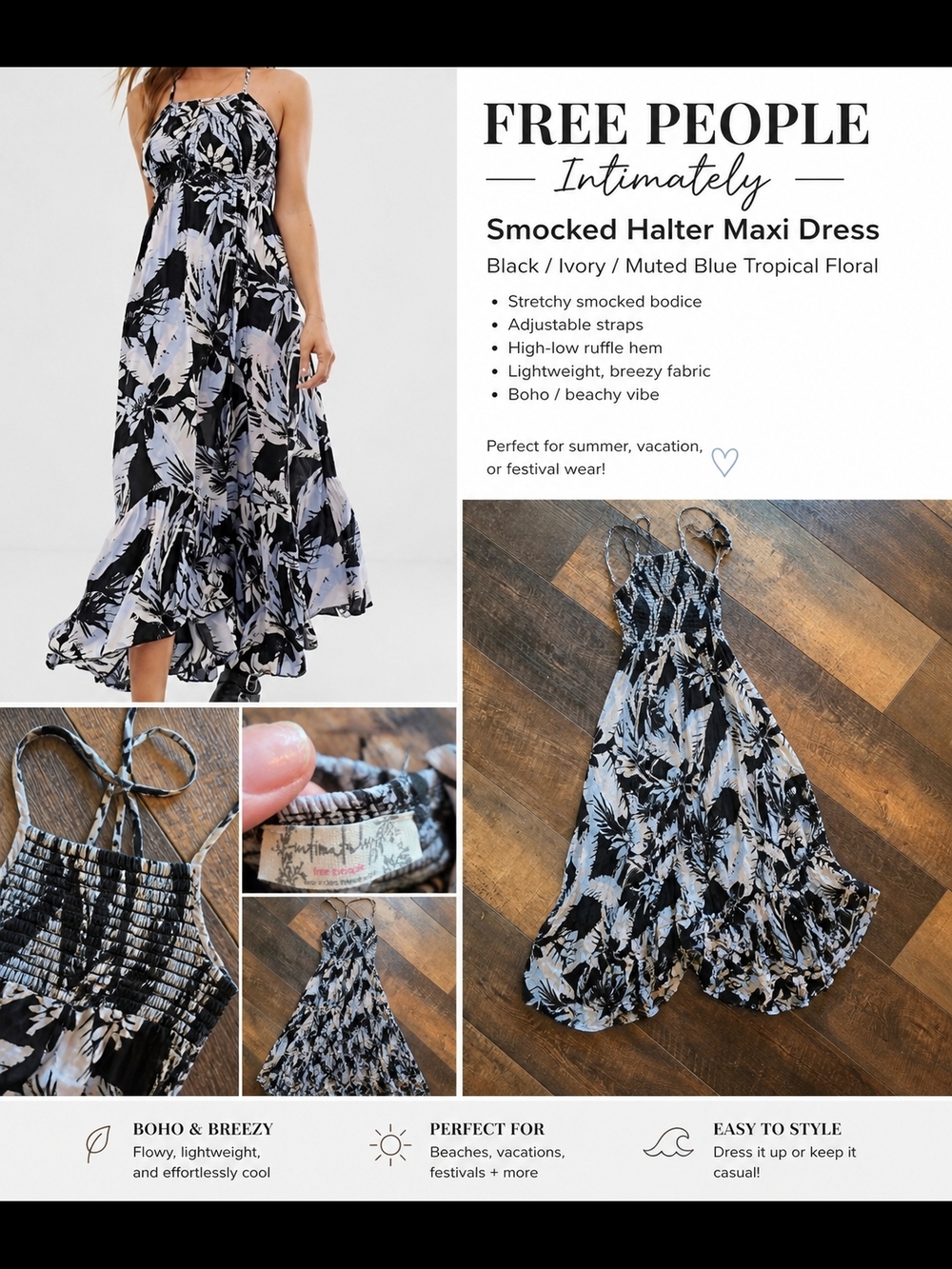 Free People Intimately Smocked Halter Maxi Dress Boho Floral High Low Black Blue